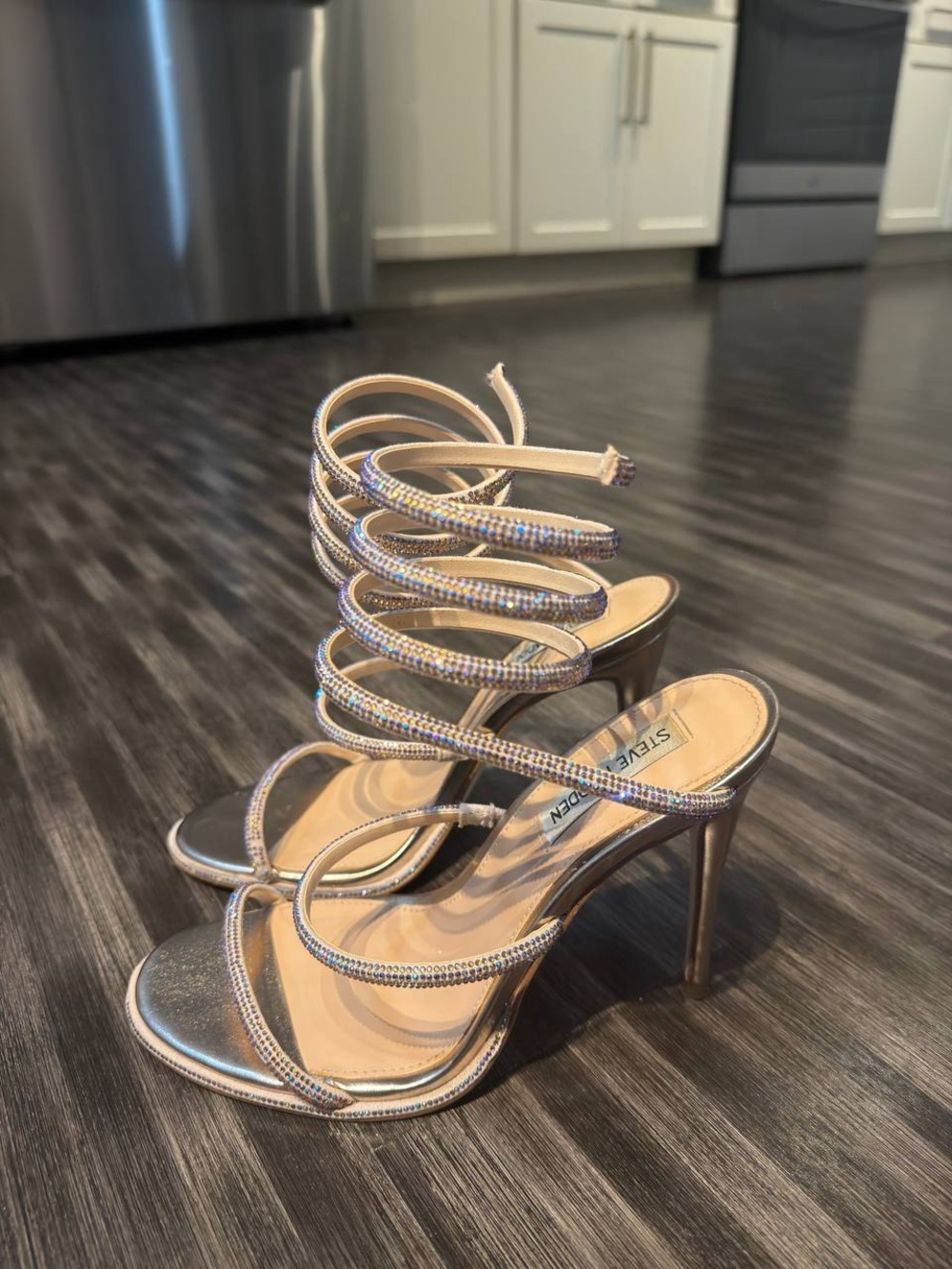 Steve Madden Metallic Spiral-Strap Stiletto Sandals - Silver US9